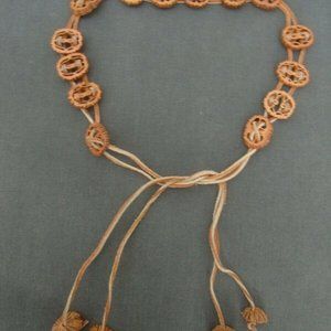 Vintage Leather Woven Wood Black Walnut Shells Tie Belt Hippie Boho Head Band
